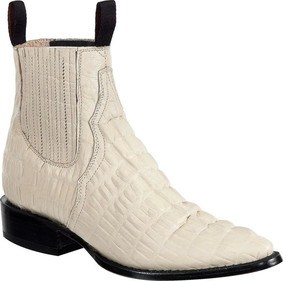 Men's Caiman Alligator Print J-Toe Short Ankle Western Cowboy Boots - Bone
