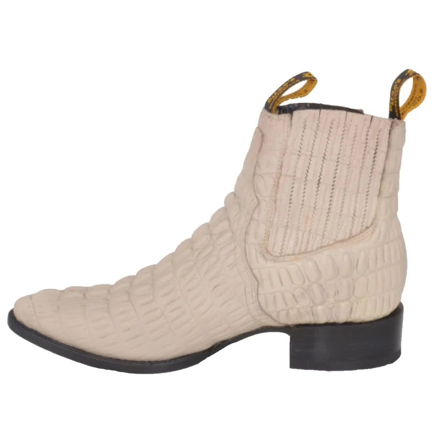 Men's Caiman Alligator Print J-Toe Short Ankle Western Cowboy Boots - Bone