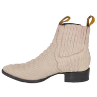 Men's Caiman Alligator Print J-Toe Short Ankle Western Cowboy Boots - Bone