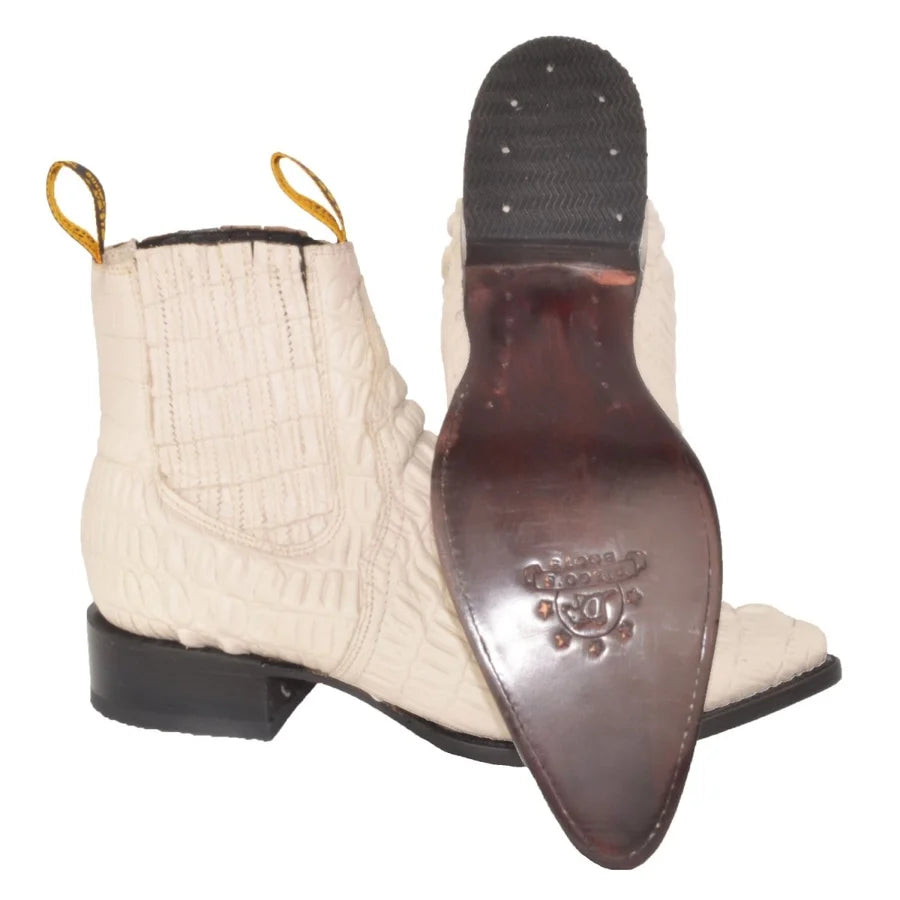 Men's Caiman Alligator Print J-Toe Short Ankle Western Cowboy Boots - Bone