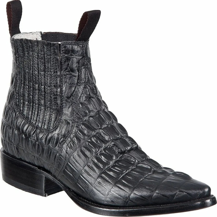 Men's Caiman Alligator Print J-Toe Short Ankle Western Cowboy Boots - Black