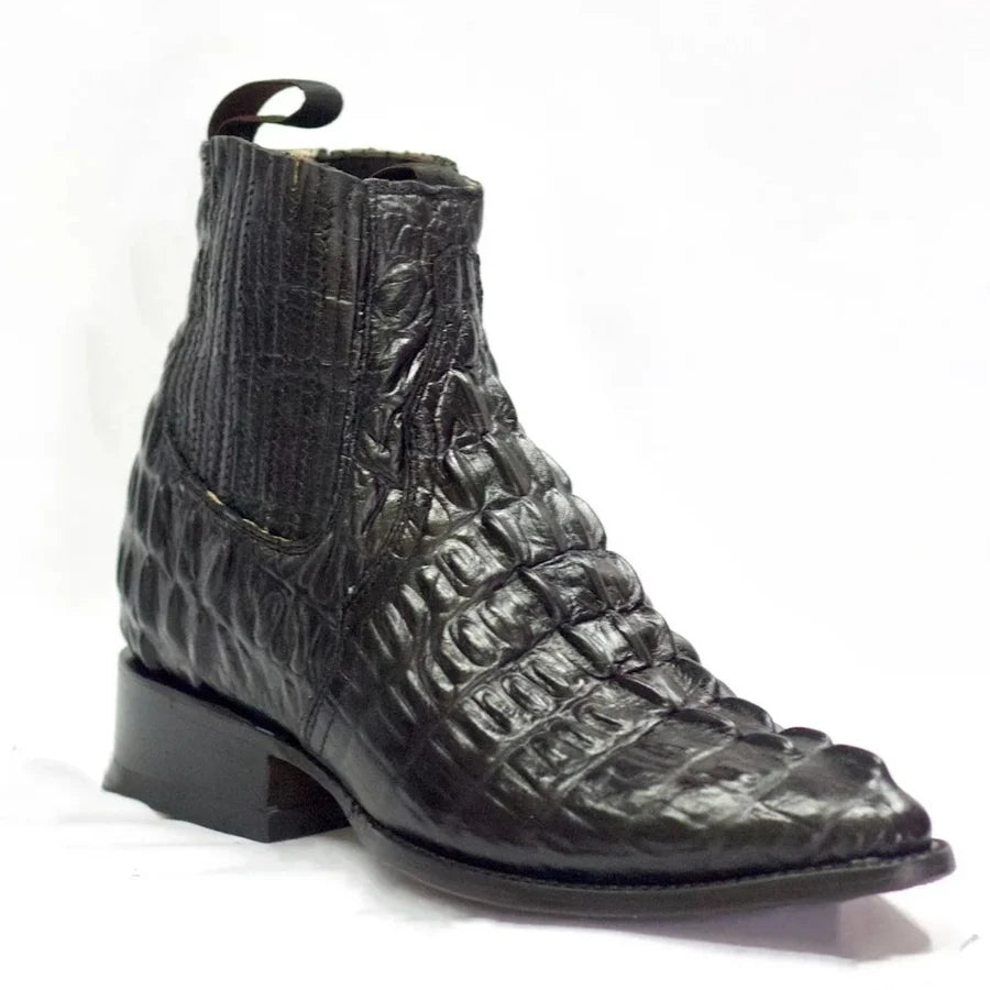 Men's Caiman Alligator Print J-Toe Short Ankle Western Cowboy Boots - Black