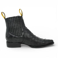 Men's Full Quill Ostrich Print J-Toe Short Ankle Western Cowboy Boots - Black