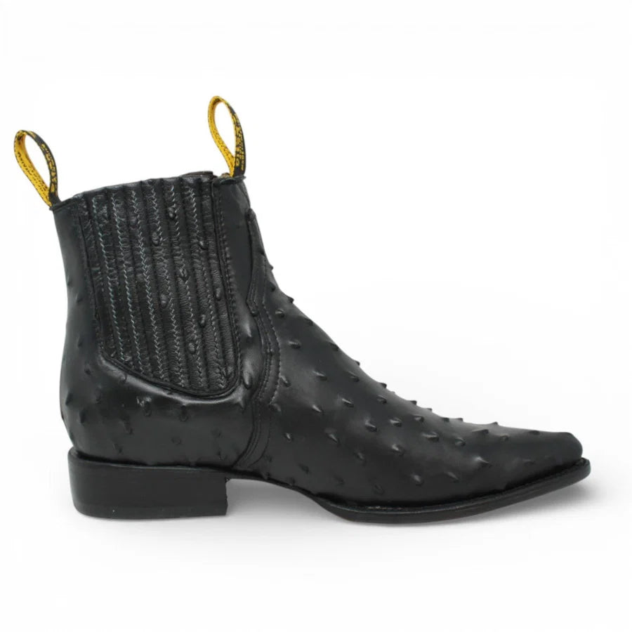 Men's Full Quill Ostrich Print J-Toe Short Ankle Western Cowboy Boots - Black