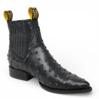Men's Full Quill Ostrich Print J-Toe Short Ankle Western Cowboy Boots - Black