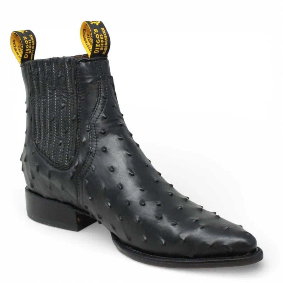 Men's Full Quill Ostrich Print J-Toe Short Ankle Western Cowboy Boots - Black