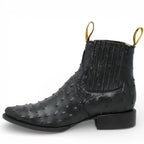 Men's Full Quill Ostrich Print J-Toe Short Ankle Western Cowboy Boots - Black
