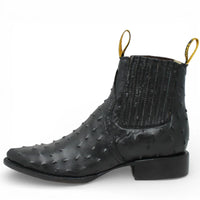 Men's Full Quill Ostrich Print J-Toe Short Ankle Western Cowboy Boots - Black