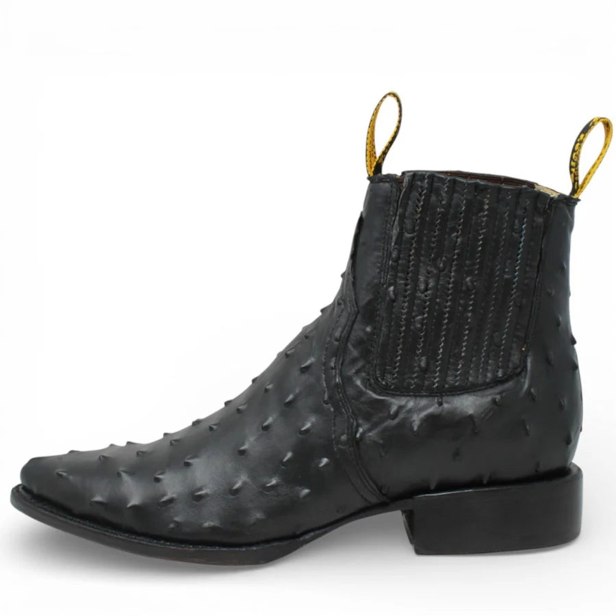 Men's Full Quill Ostrich Print J-Toe Short Ankle Western Cowboy Boots - Black