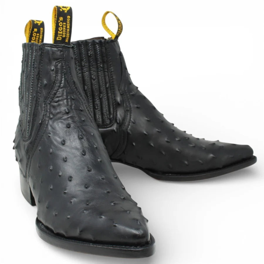 Men's Full Quill Ostrich Print J-Toe Short Ankle Western Cowboy Boots - Black