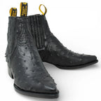 Men's Full Quill Ostrich Print J-Toe Short Ankle Western Cowboy Boots - Black