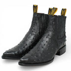 Men's Full Quill Ostrich Print J-Toe Short Ankle Western Cowboy Boots - Black