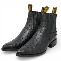 Men's Full Quill Ostrich Print J-Toe Short Ankle Western Cowboy Boots - Black