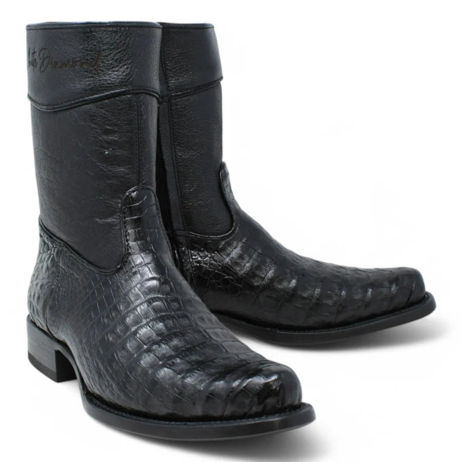 White Diamonds Men's Genuine Caiman Belly Short Cowboy Boots with Zipper – Black
