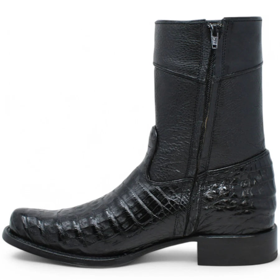 White Diamonds Men's Genuine Caiman Belly Short Cowboy Boots with Zipper – Black