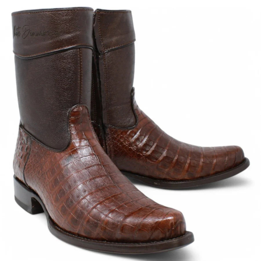 White Diamonds Men's Genuine Caiman Belly Short Cowboy Boots with Zipper – Brown