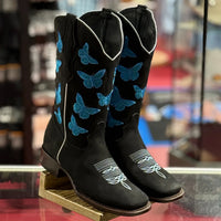 White Diamonds Women's Butterfly Embroidered Nubuck Square Toe Cowgirl Boots – Black