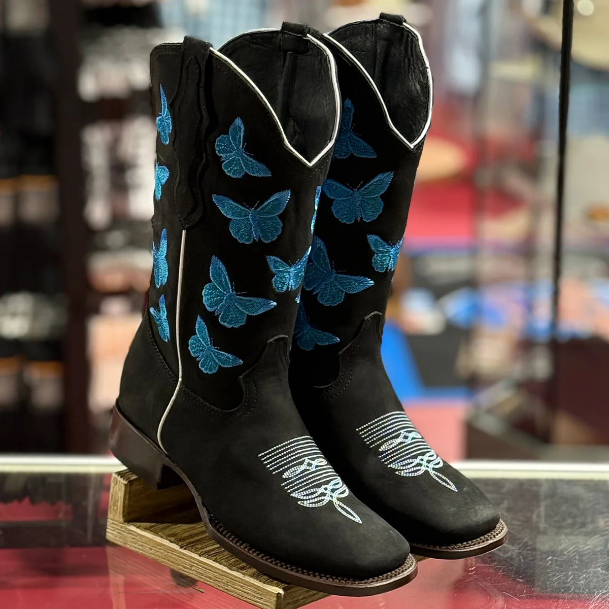 White Diamonds Women's Butterfly Embroidered Nubuck Square Toe Cowgirl Boots – Black