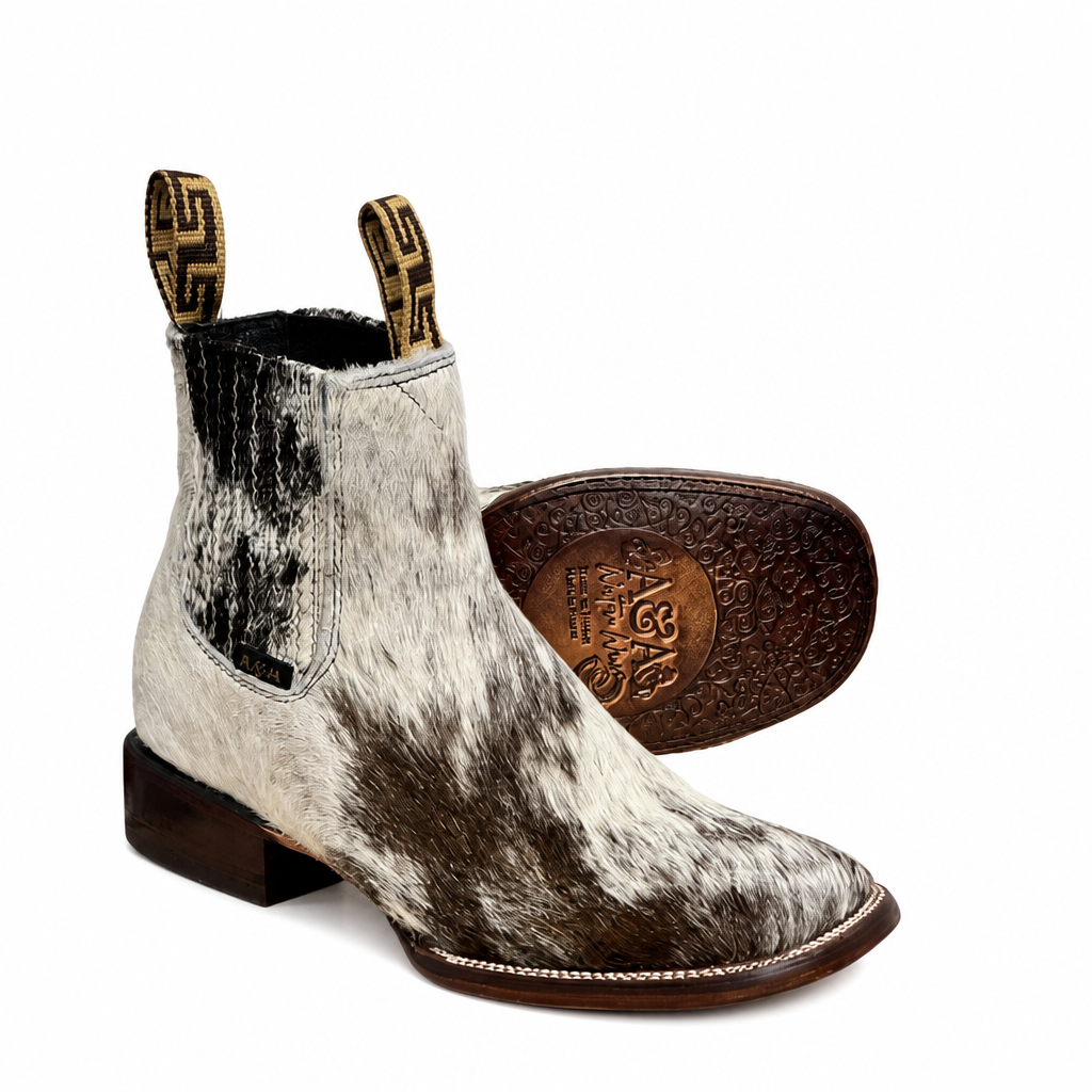 A&A Western Wear Men’s Hair-On Cowhide Square Toe Ankle Boots – Black & White