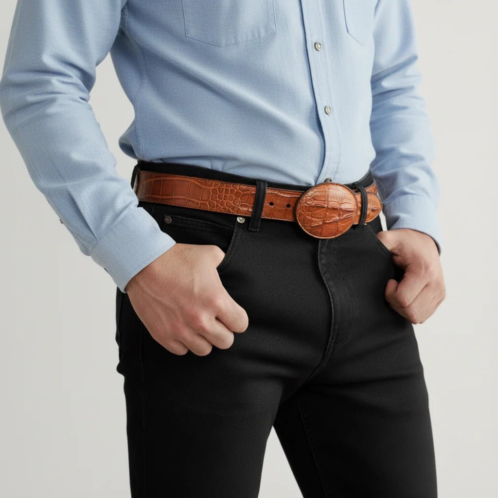 Caiman Alligator Crocodile Print Western Belt with Removable Buckle - Cognac - OriginalWestern.com