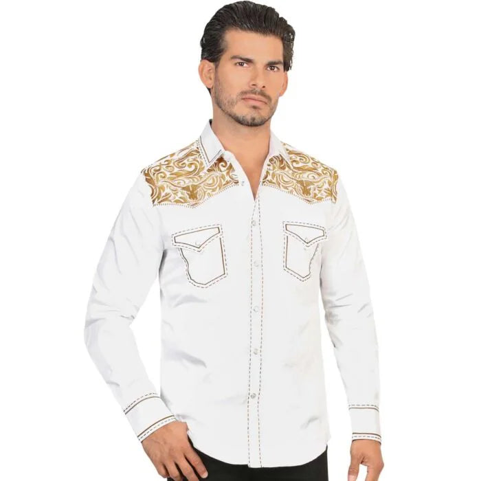 Montero - Bull Embroidered Western Shirt with Snap Buttons White 3546