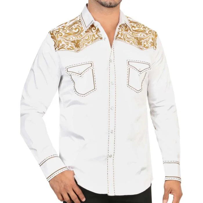 Montero - Bull Embroidered Western Shirt with Snap Buttons White 3546