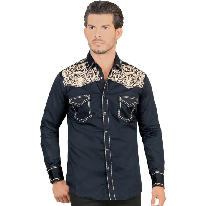 Montero - Bull Head Embroidered Yoke Snap Shirt Navy 3546