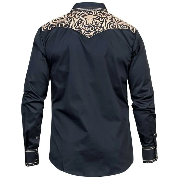 Montero - Bull Head Embroidered Yoke Snap Shirt Navy 3546