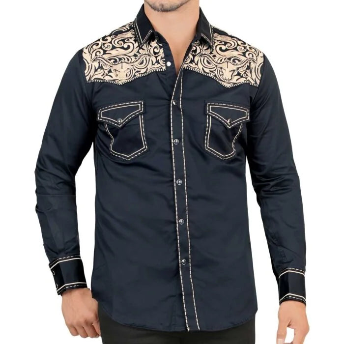 Montero - Bull Head Embroidered Yoke Snap Shirt Navy 3546