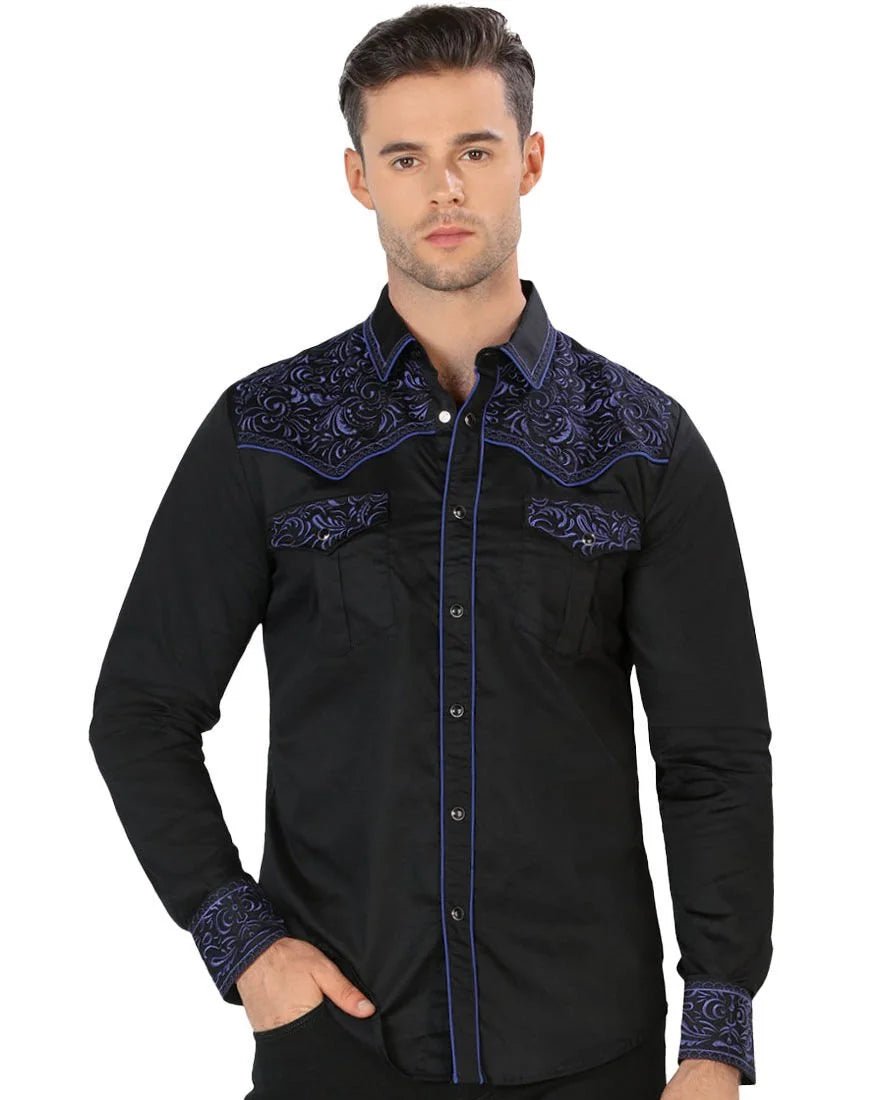 Camisa Bordada Vaquera Negro-Azul Montero Fashion 3537 - OriginalWestern.com