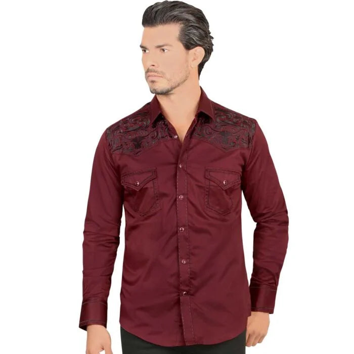Montero - Embroidered Yoke Snap Shirt Burgundy 3546