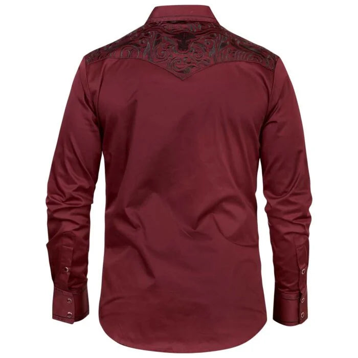 Montero - Embroidered Yoke Snap Shirt Burgundy 3546