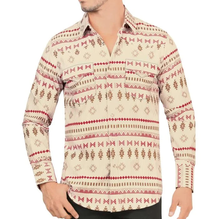 Montero - Aztec Stripe Snap Shirt Modern Fit Beige 4036