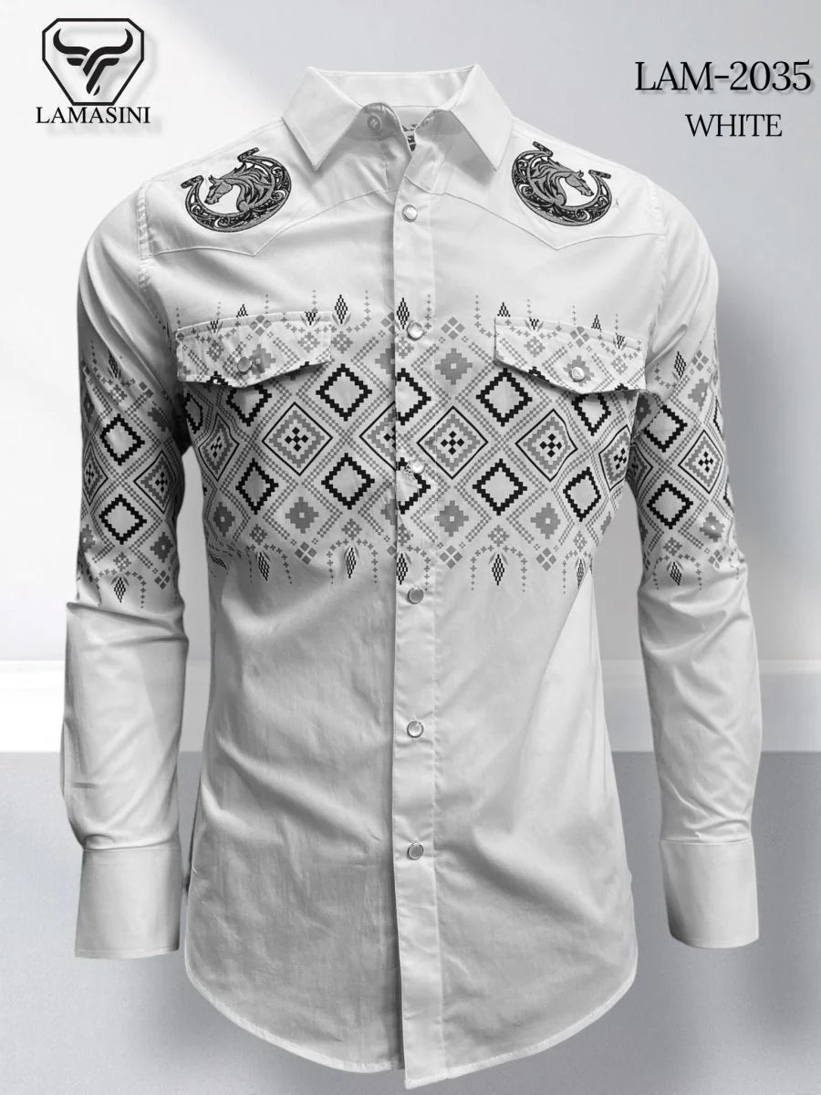 White - Lamasini Jeans LAM-2032 Printed Fashion Shirt 2035