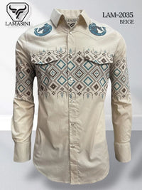 Beige - Lamasini Jeans LAM-2032 Printed Fashion Shirt 2035