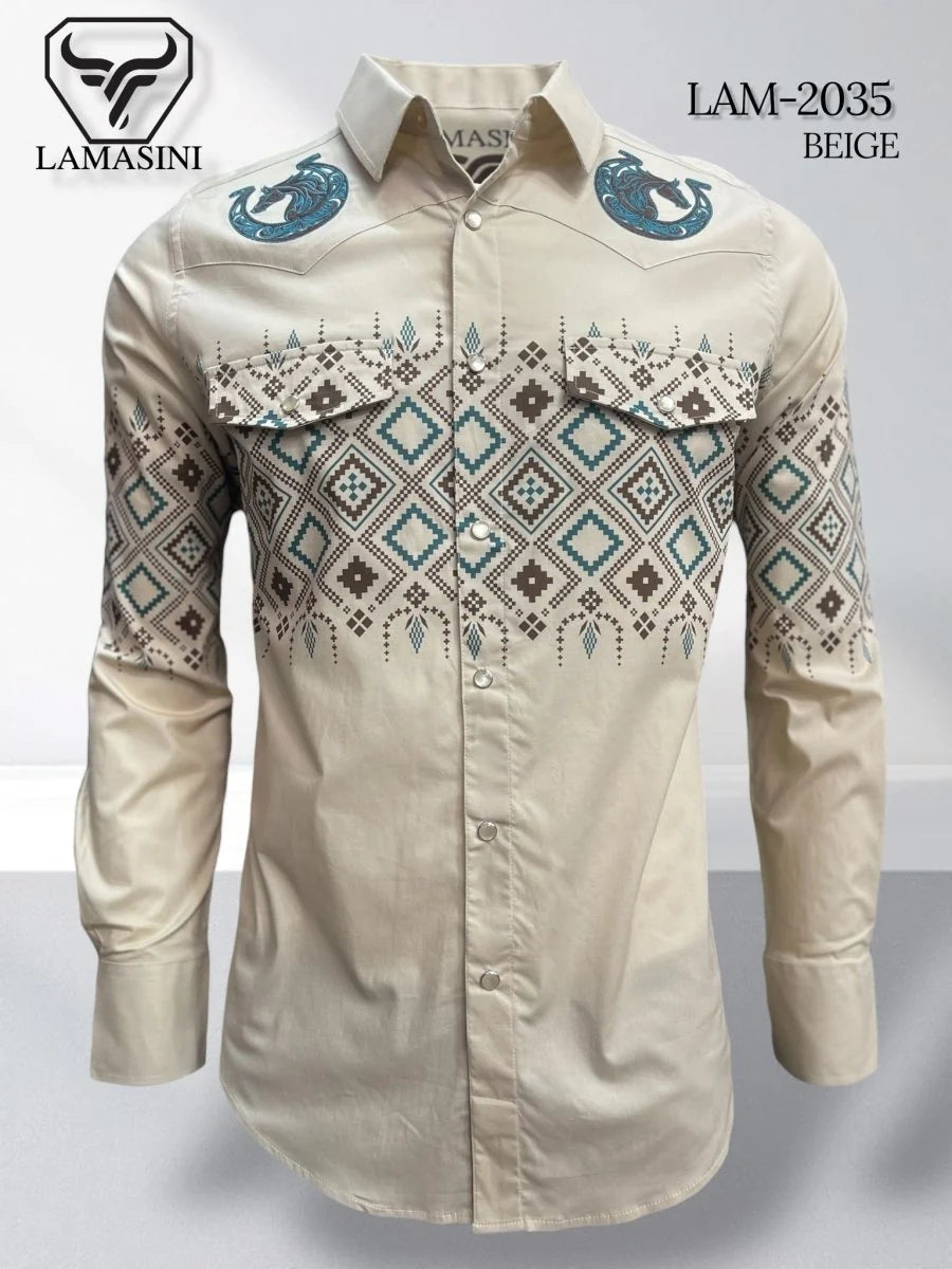 Beige - Lamasini Jeans LAM-2032 Printed Fashion Shirt 2035