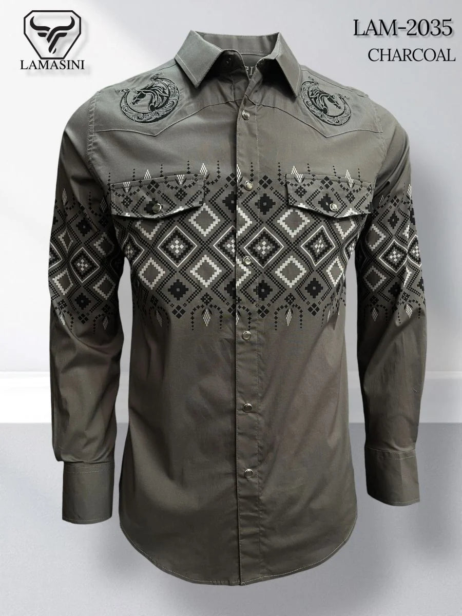 Charcoal - Lamasini Jeans LAM-2032 Printed Fashion Shirt 2035
