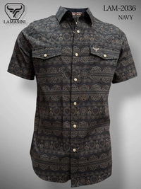Navy - Lamasini Jeans LAM-2032 Printed Fashion Shirt 2036