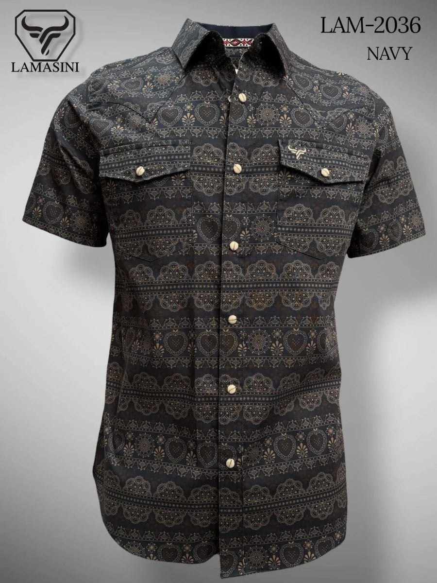 Navy - Lamasini Jeans LAM-2032 Printed Fashion Shirt 2036