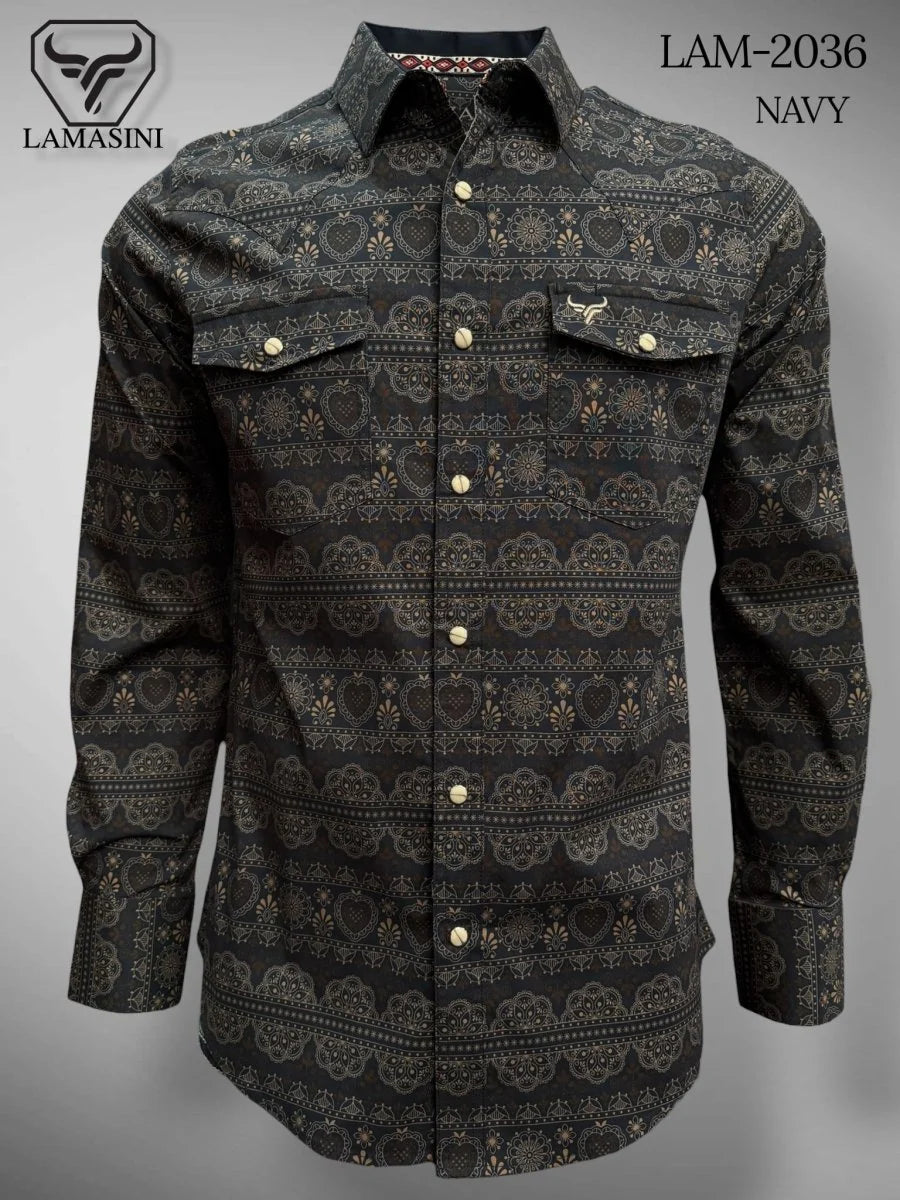 Navy-  Lamasini Jeans LAM-2032 Printed Fashion Shirt  2036