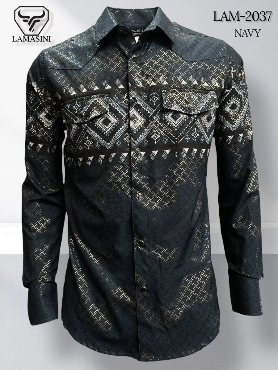 Lamasini Jeans LAM-2032 Printed Fashion Shirt - Navy 2037