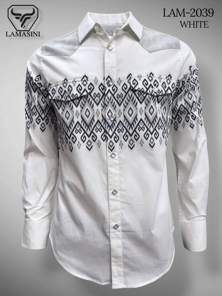 Lamasini Jeans LAM-2032 Printed Fashion Shirt - White 2039