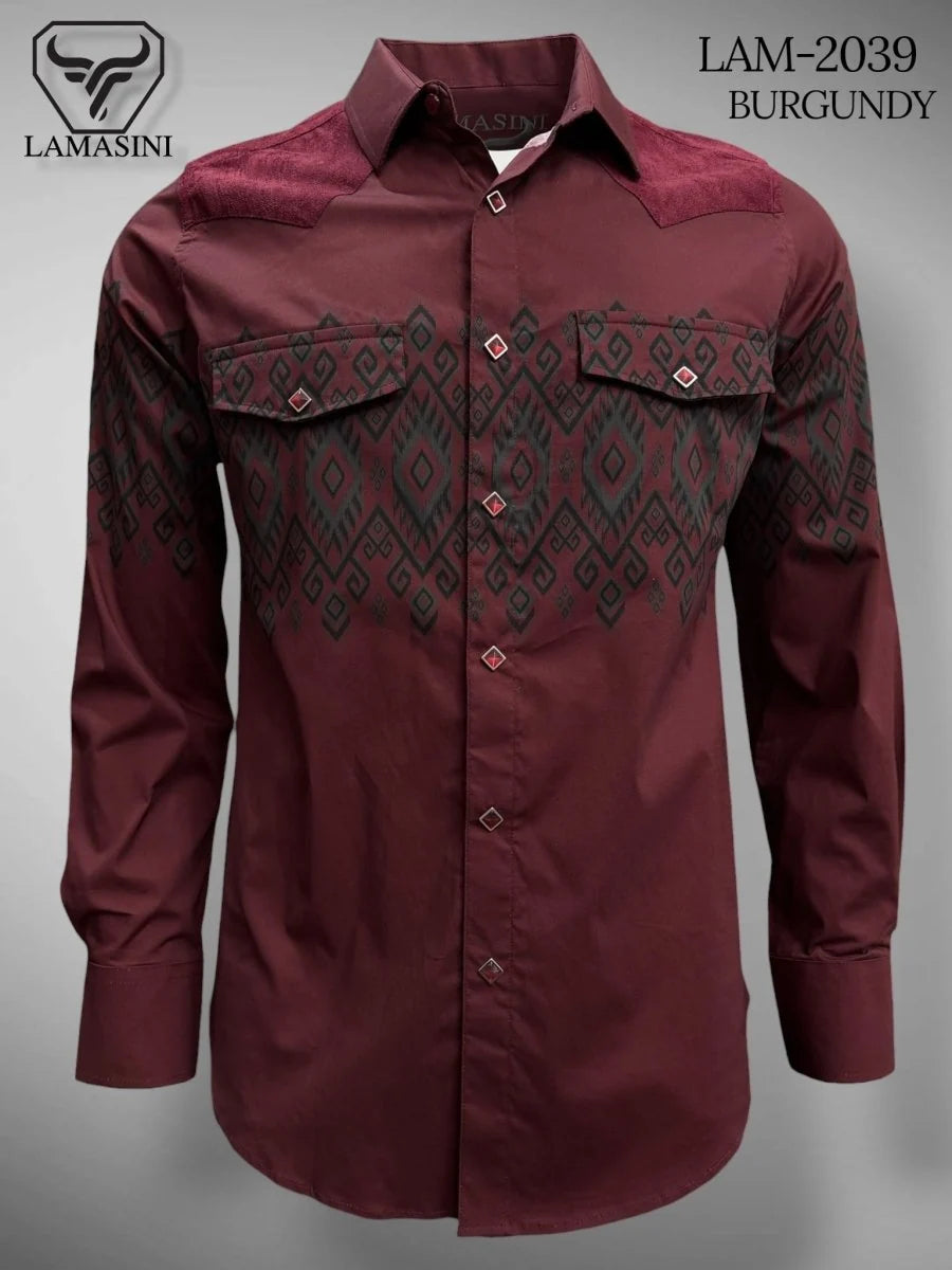 Lamasini Jeans LAM-2032 Printed Fashion Shirt - Burgundy 2039