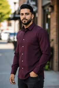Contti - Elegant Long-Sleeve Men's Shirt with Buttons and Subtle Sparkle – Burgundy