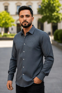 Contti - Elegant Long-Sleeve Men's Shirt with Buttons and Subtle Sparkle – Gray