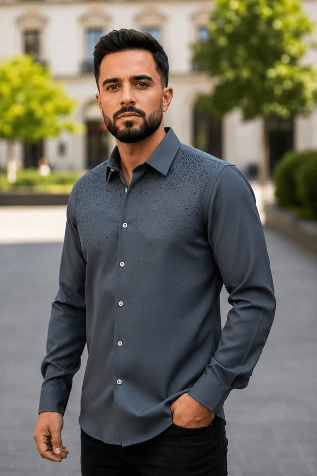 Contti - Elegant Long-Sleeve Men's Shirt with Buttons and Subtle Sparkle – Gray