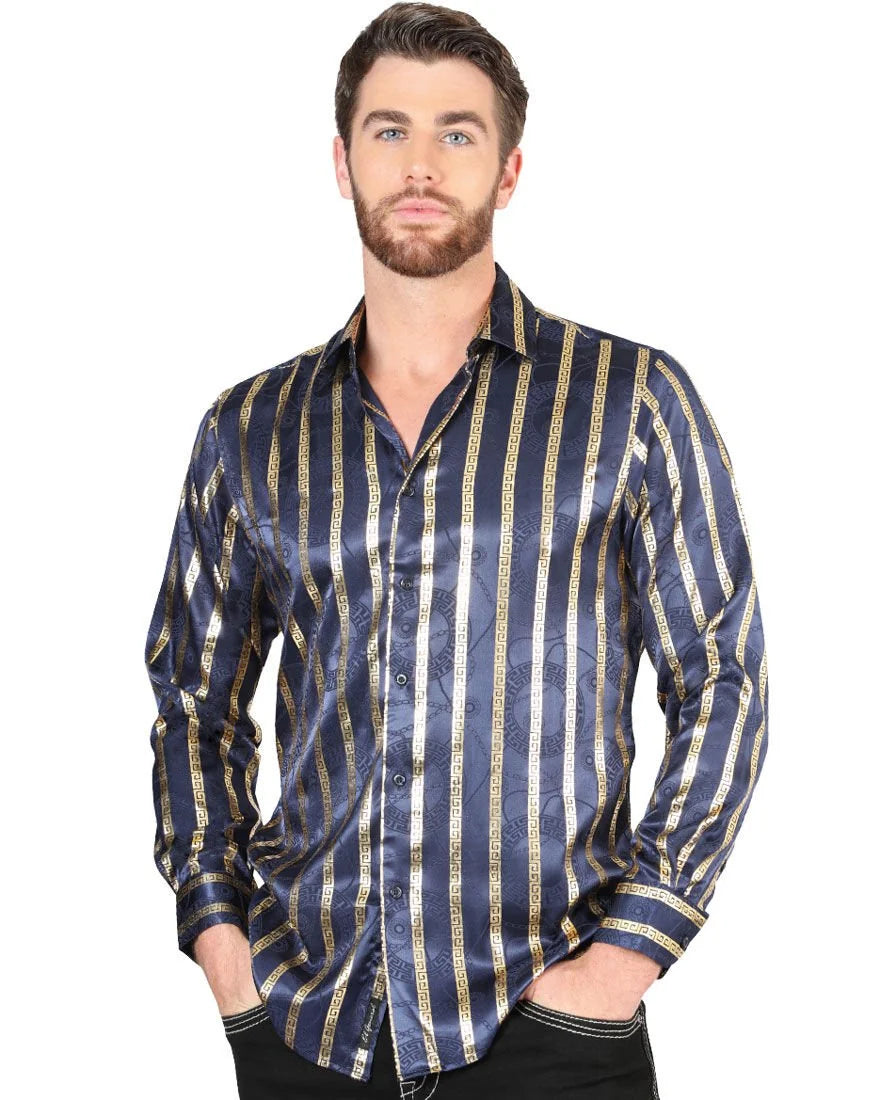 Camisa Con Líneas De Grecas Doradas Color Navy 44553