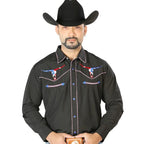 El General - Camisa Negra Bordada Calavera Toro Bighorn Texas 126671