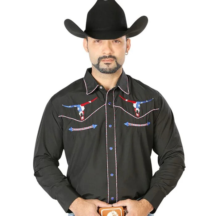 El General - Camisa Negra Bordada Calavera Toro Bighorn Texas 126671