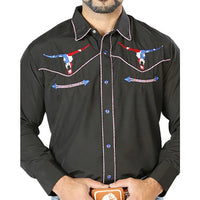 El General - Camisa Negra Bordada Calavera Toro Bighorn Texas 126671